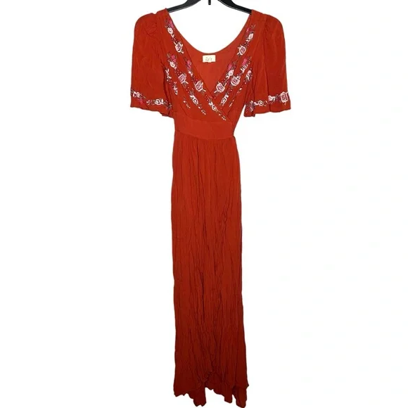 Rahi Cali Burnt Orange Floral Embroidered Wrap Maxi Dress, Medium - Picture 2 of 11